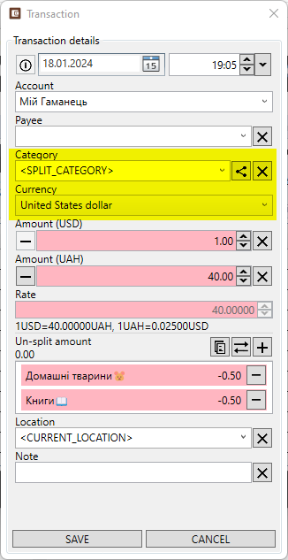 Multi-currency split transactions